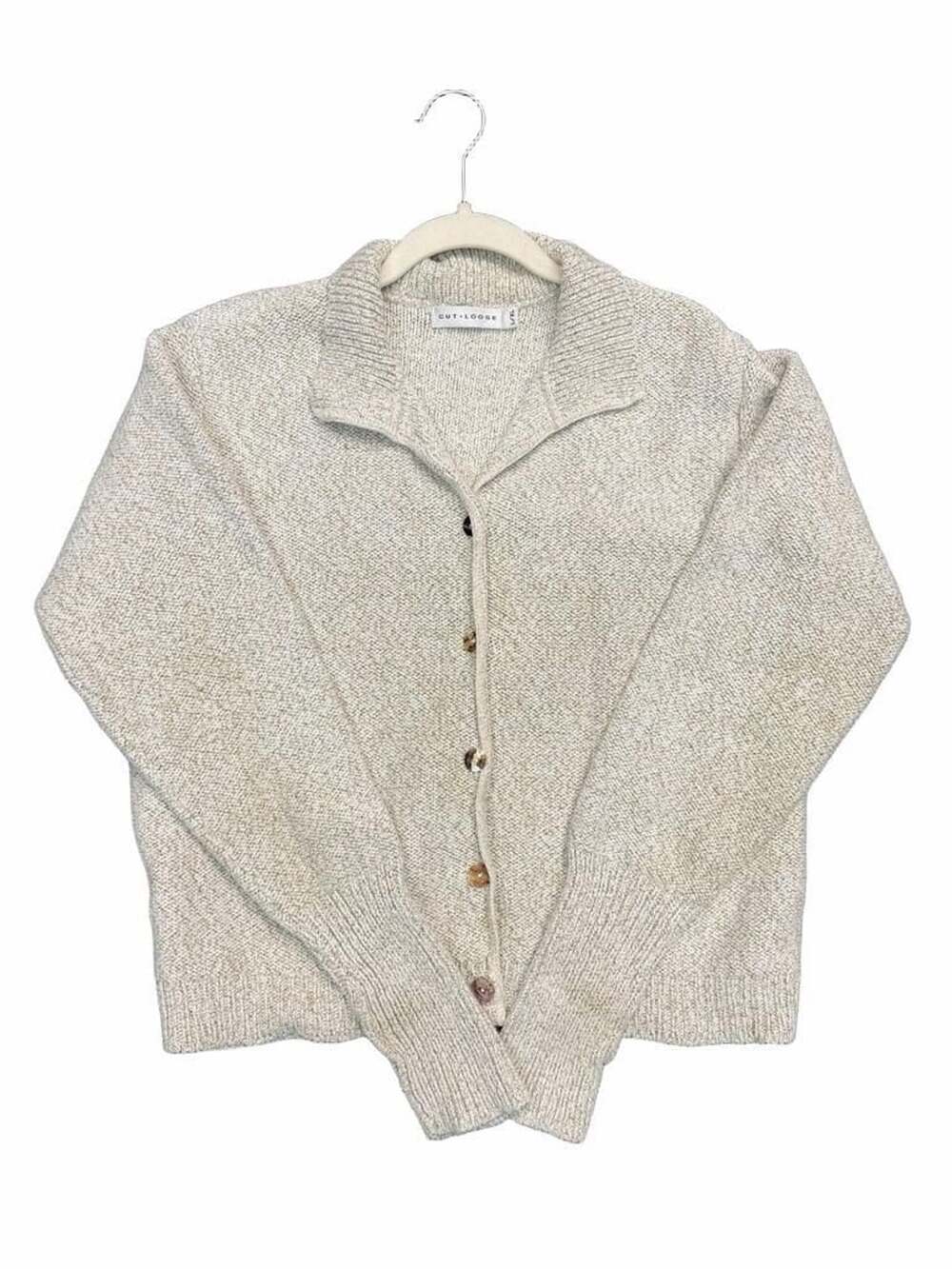 Cozy Cottage core granny Cut Loose Cardigan Sweater Beige Button Front Knit